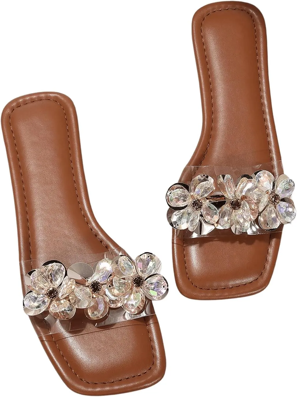 OYOANGLE Women's Rhinestone Flower Decor Clear Strap Sandals Square Toe Flat Sandals
