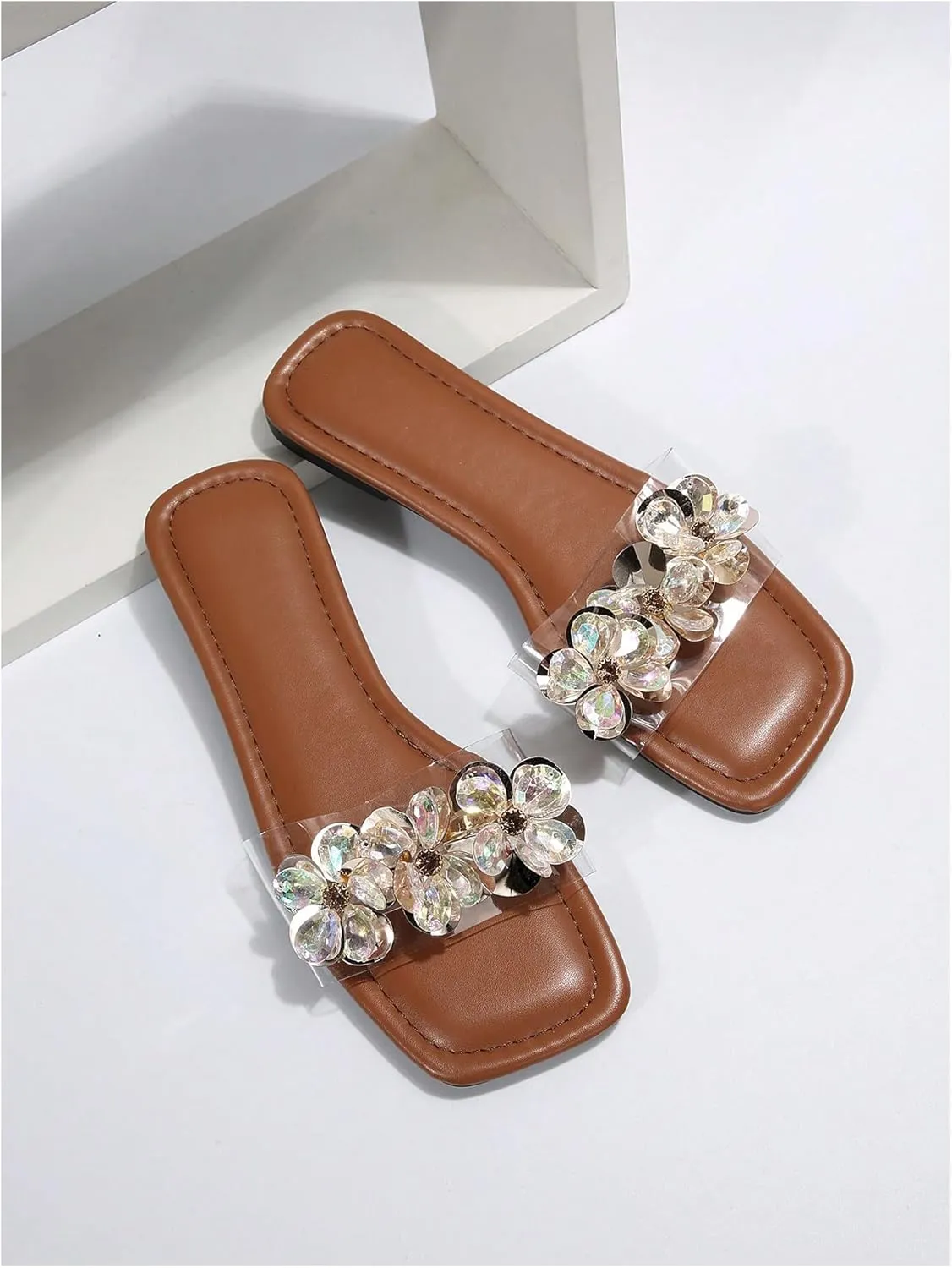 OYOANGLE Women's Rhinestone Flower Decor Clear Strap Sandals Square Toe Flat Sandals