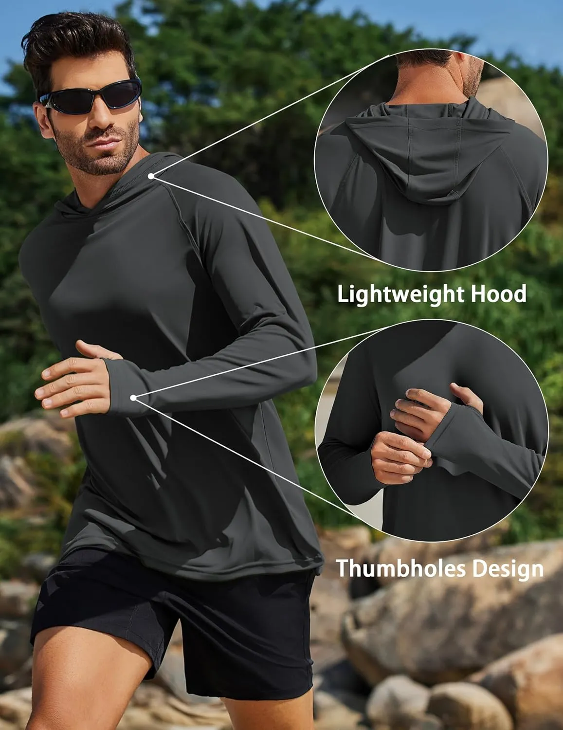 PINSPARK Men's UPF 50  Long Sleeve Rash Guard - Sun Protection Hoodie UV SPF Fishing Shirt for Athletic Running Swim Hiking