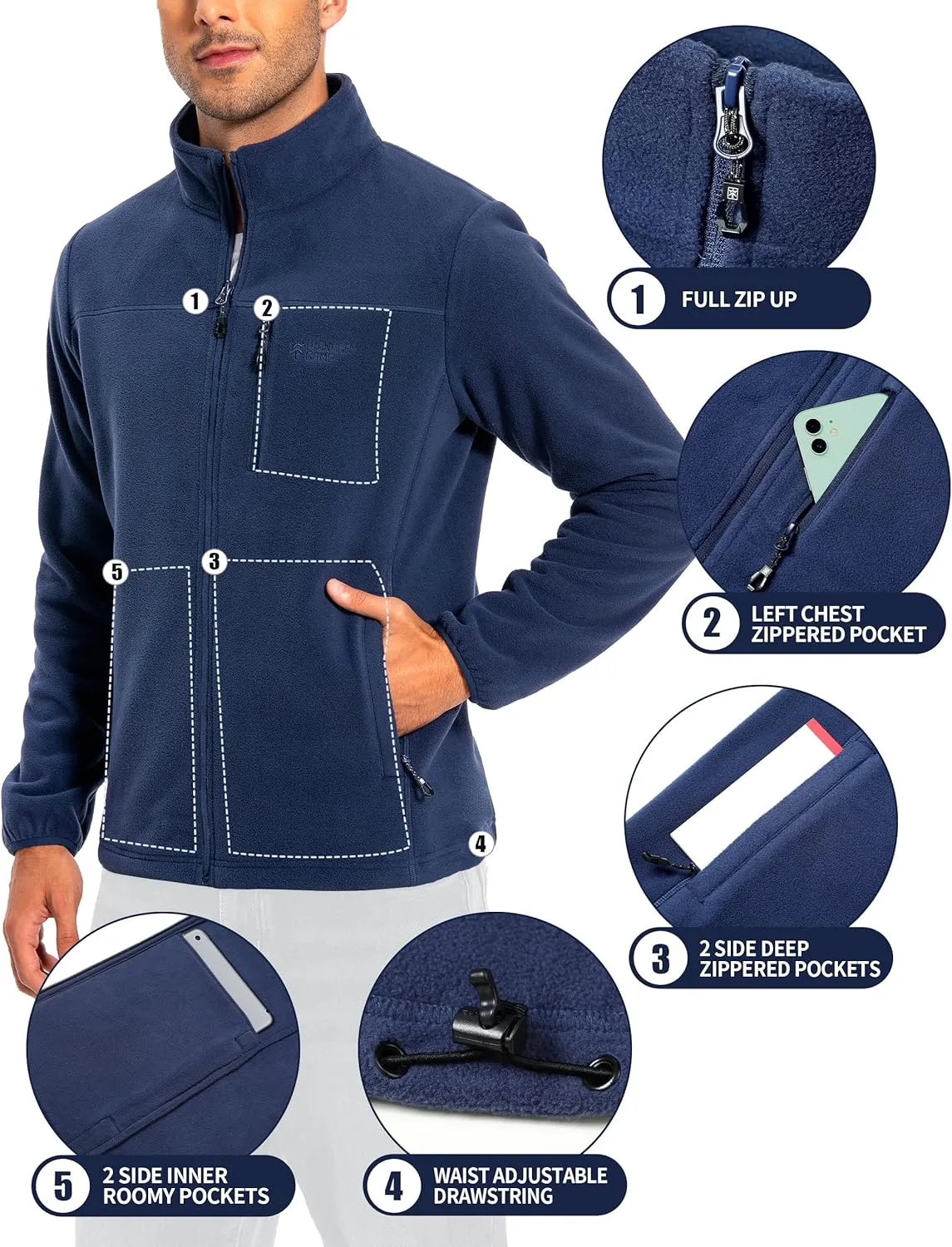 Pioneer Camp Men's Lightweight Polar Fleece Jacket Full Zip Antistatic Casual Coat Soft Warm Outwear with Zipper Pockets