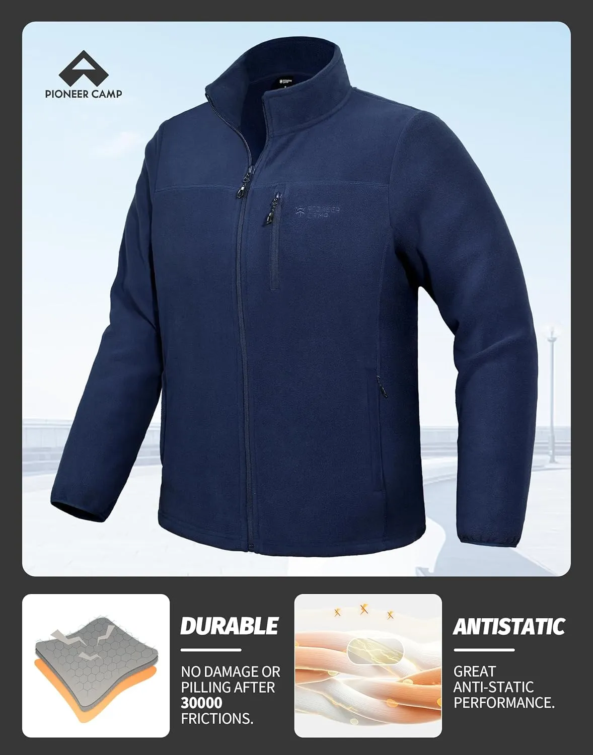 Pioneer Camp Men's Lightweight Polar Fleece Jacket Full Zip Antistatic Casual Coat Soft Warm Outwear with Zipper Pockets