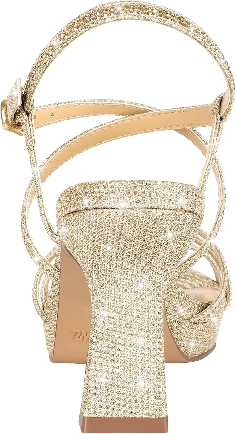PIZZ ANNU Women's Stellora Platform High Heels Block Chunky Strappy Sparkly Rhinestone Open Toe Ankle Strap Dress Pump Sandals Shoes for Party Wedding