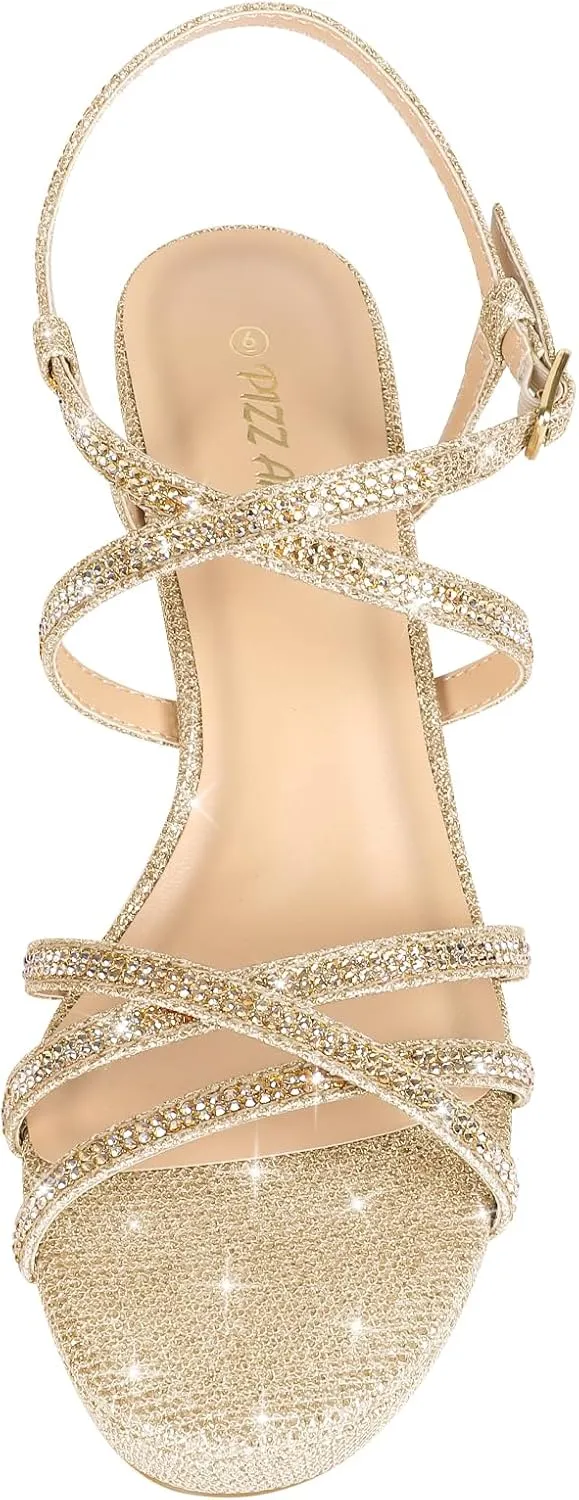 PIZZ ANNU Women's Stellora Platform High Heels Block Chunky Strappy Sparkly Rhinestone Open Toe Ankle Strap Dress Pump Sandals Shoes for Party Wedding
