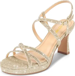 PIZZ ANNU Women's Stellora Platform High Heels Block Chunky Strappy Sparkly Rhinestone Open Toe Ankle Strap Dress Pump Sandals Shoes for Party Wedding
