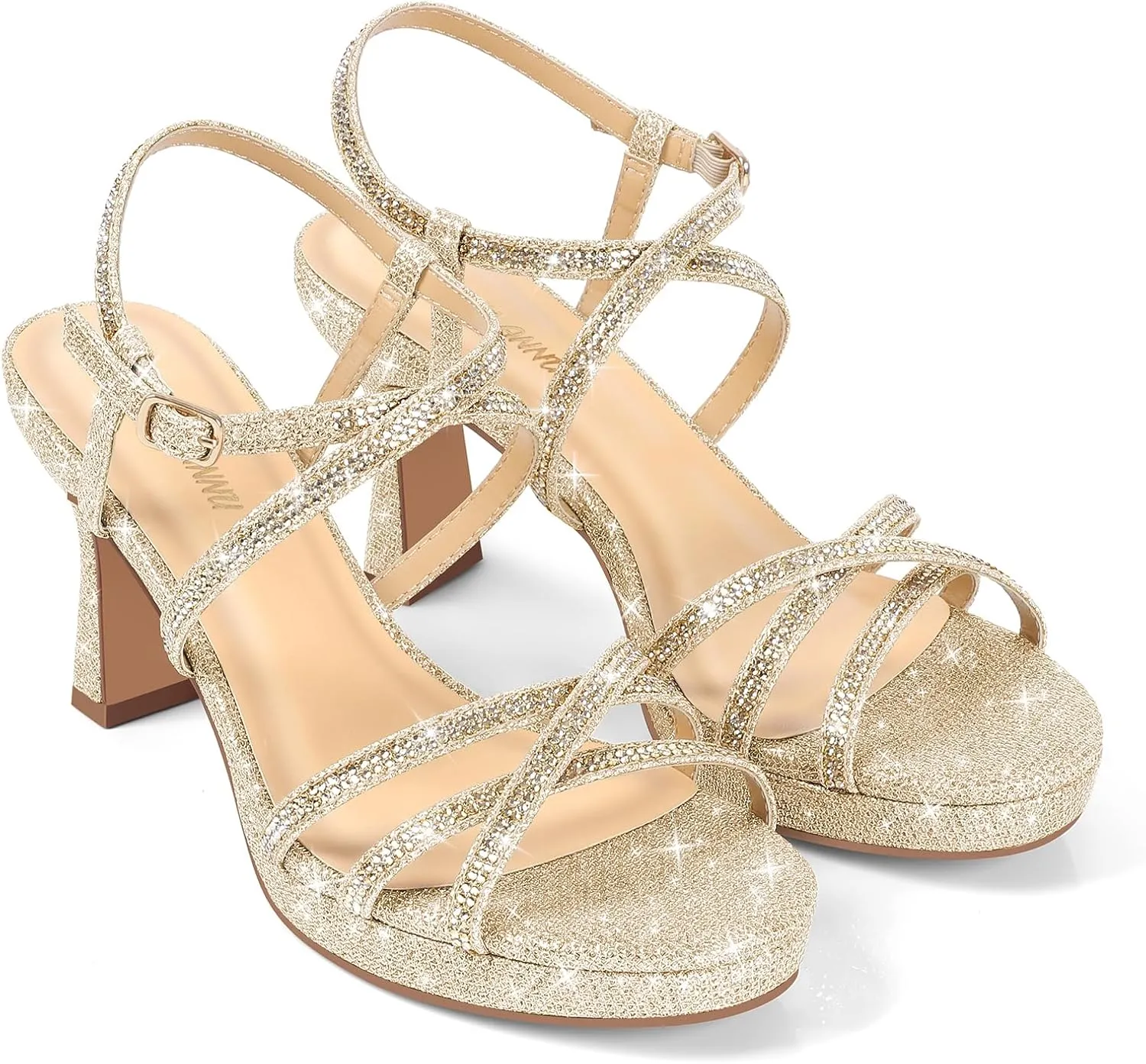 PIZZ ANNU Women's Stellora Platform High Heels Block Chunky Strappy Sparkly Rhinestone Open Toe Ankle Strap Dress Pump Sandals Shoes for Party Wedding