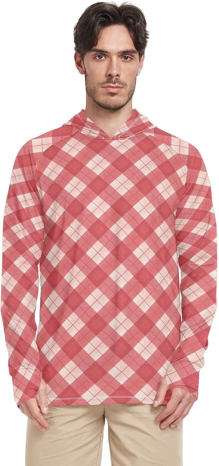 Plaid Gingham Men Sun Protection Hoodies Long Sleeve Mens Sun Shirts UPF 50  Cooling Hoodies UV Rash Guard with Hood