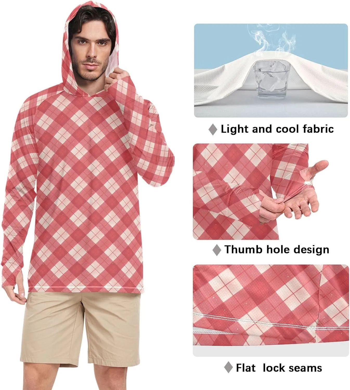 Plaid Gingham Men Sun Protection Hoodies Long Sleeve Mens Sun Shirts UPF 50  Cooling Hoodies UV Rash Guard with Hood