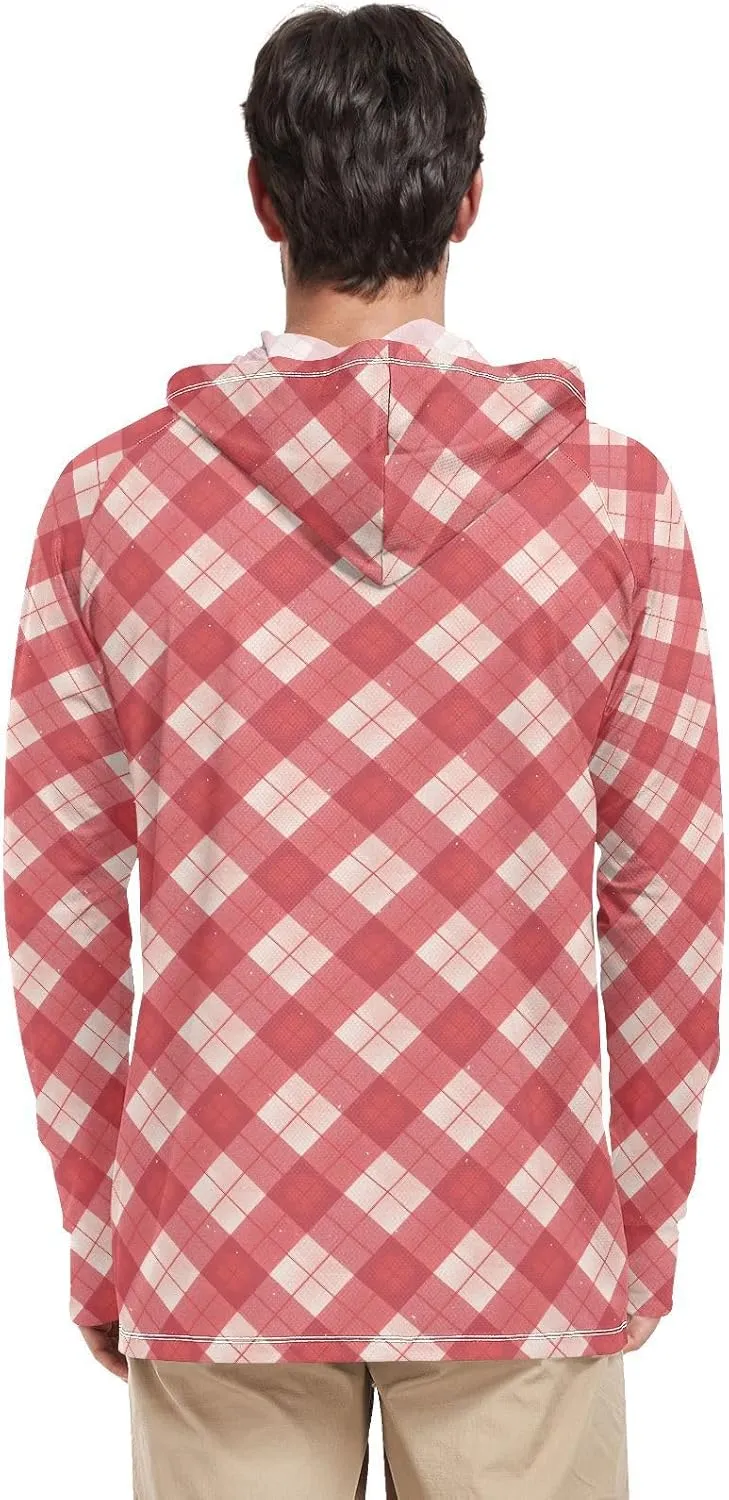 Plaid Gingham Men Sun Protection Hoodies Long Sleeve Mens Sun Shirts UPF 50  Cooling Hoodies UV Rash Guard with Hood