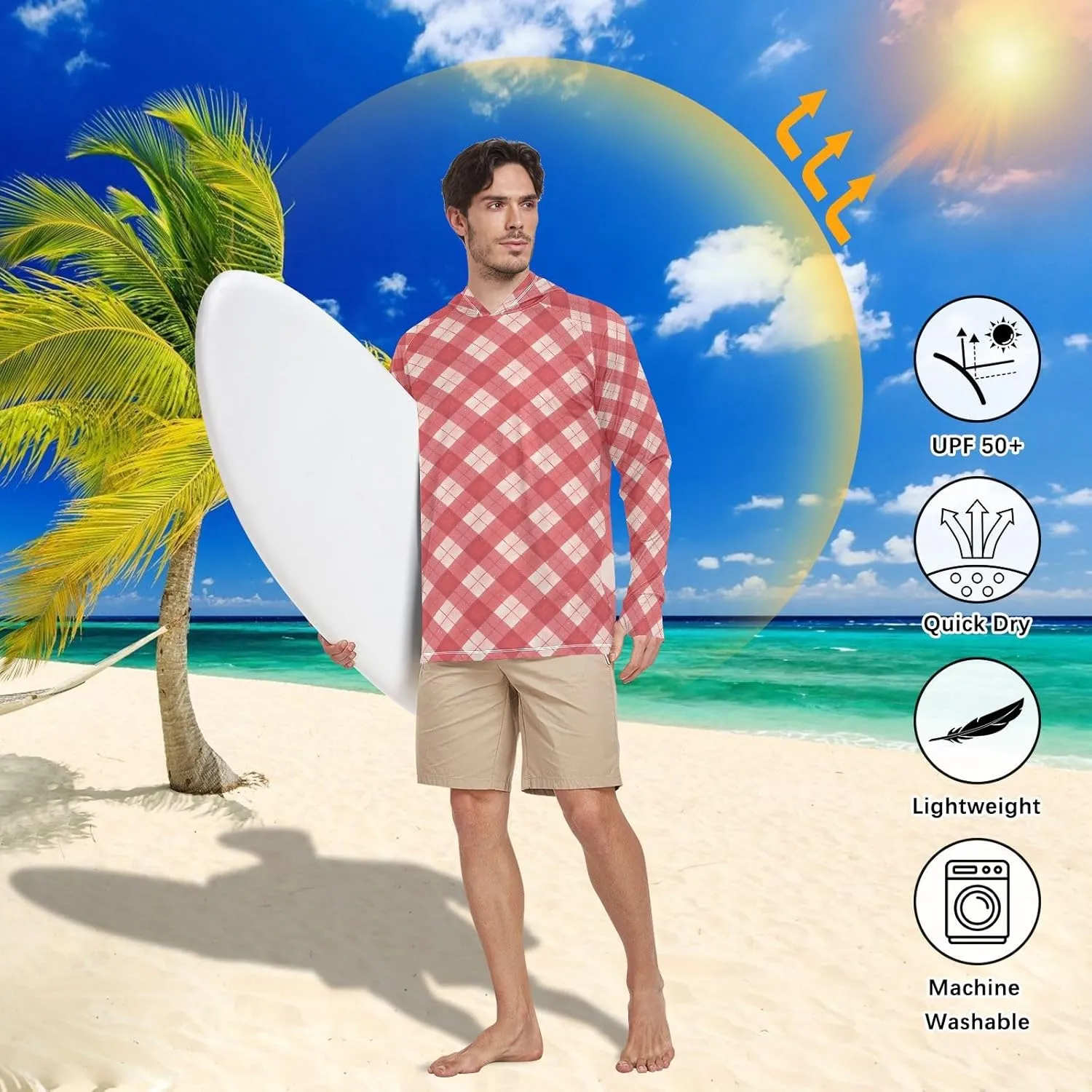 Plaid Gingham Men Sun Protection Hoodies Long Sleeve Mens Sun Shirts UPF 50  Cooling Hoodies UV Rash Guard with Hood