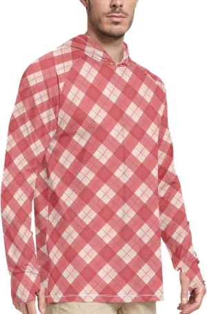 Plaid Gingham Men Sun Protection Hoodies Long Sleeve Mens Sun Shirts UPF 50  Cooling Hoodies UV Rash Guard with Hood