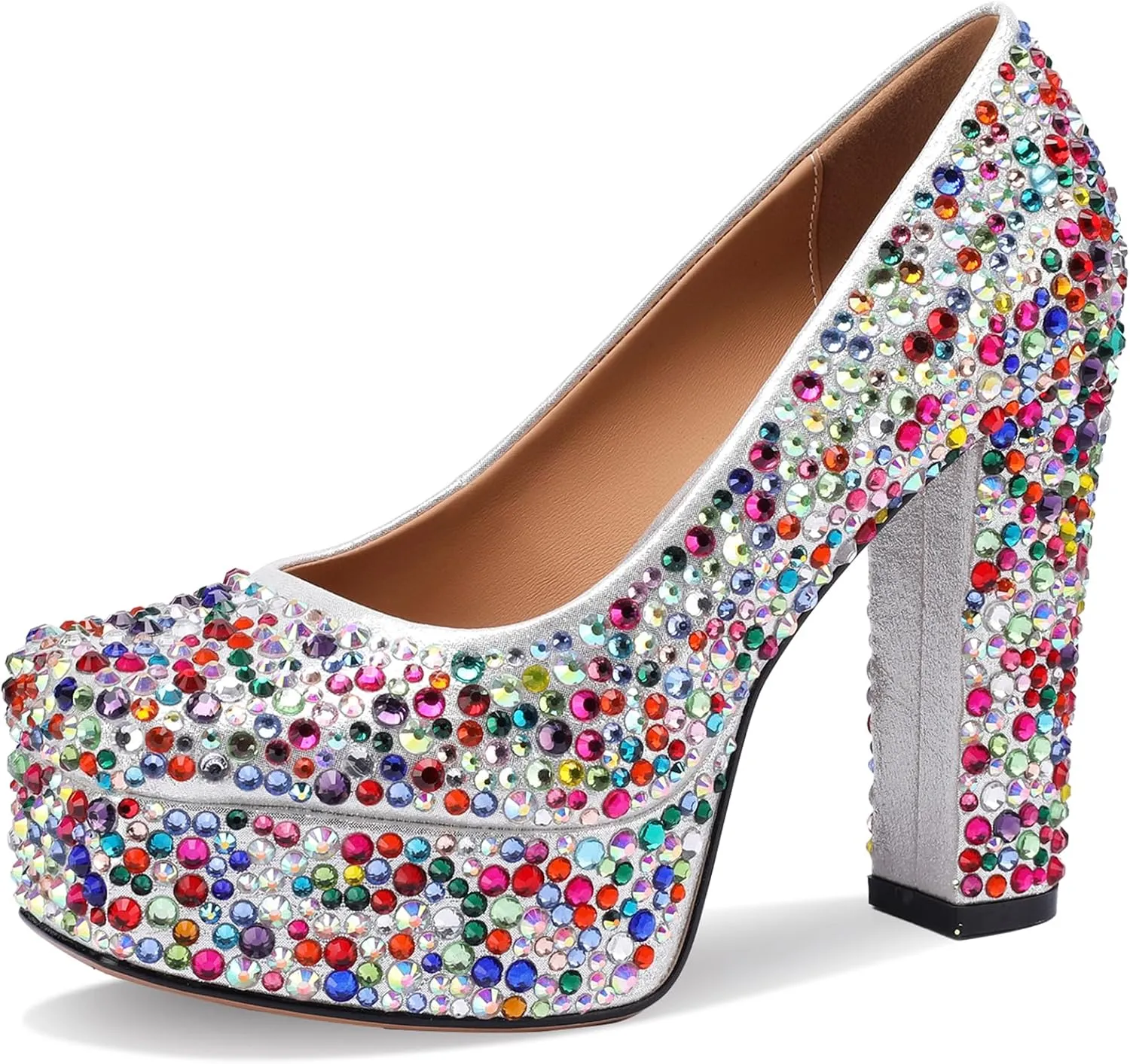 Platform Heels for Women Glitter Crystal Rhinestone Square Toe Closed Toe Chunky Pumps Comfortable Sexy Dressy Wedding Elegantes Wide Comfortable Tacones 5 Inch High Heels