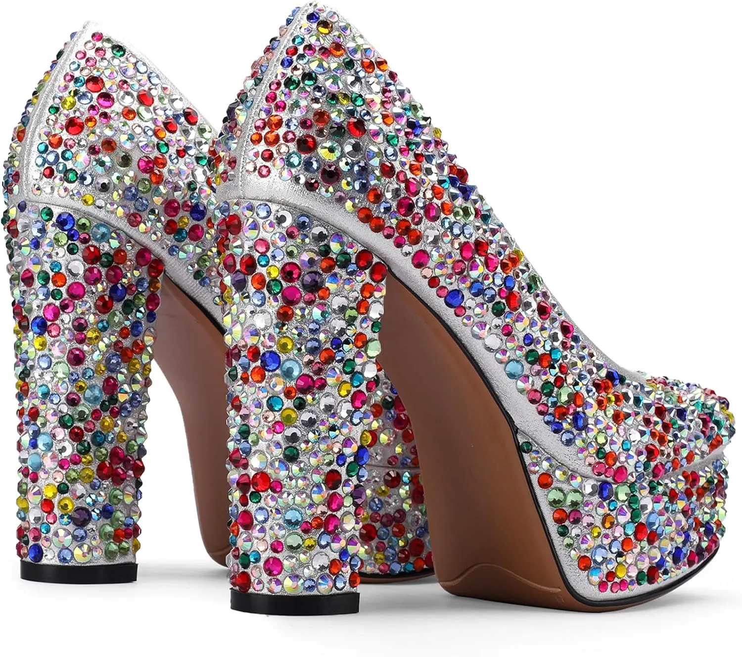 Platform Heels for Women Glitter Crystal Rhinestone Square Toe Closed Toe Chunky Pumps Comfortable Sexy Dressy Wedding Elegantes Wide Comfortable Tacones 5 Inch High Heels