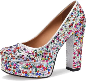 Platform Heels for Women Glitter Crystal Rhinestone Square Toe Closed Toe Chunky Pumps Comfortable Sexy Dressy Wedding Elegantes Wide Comfortable Tacones 5 Inch High Heels
