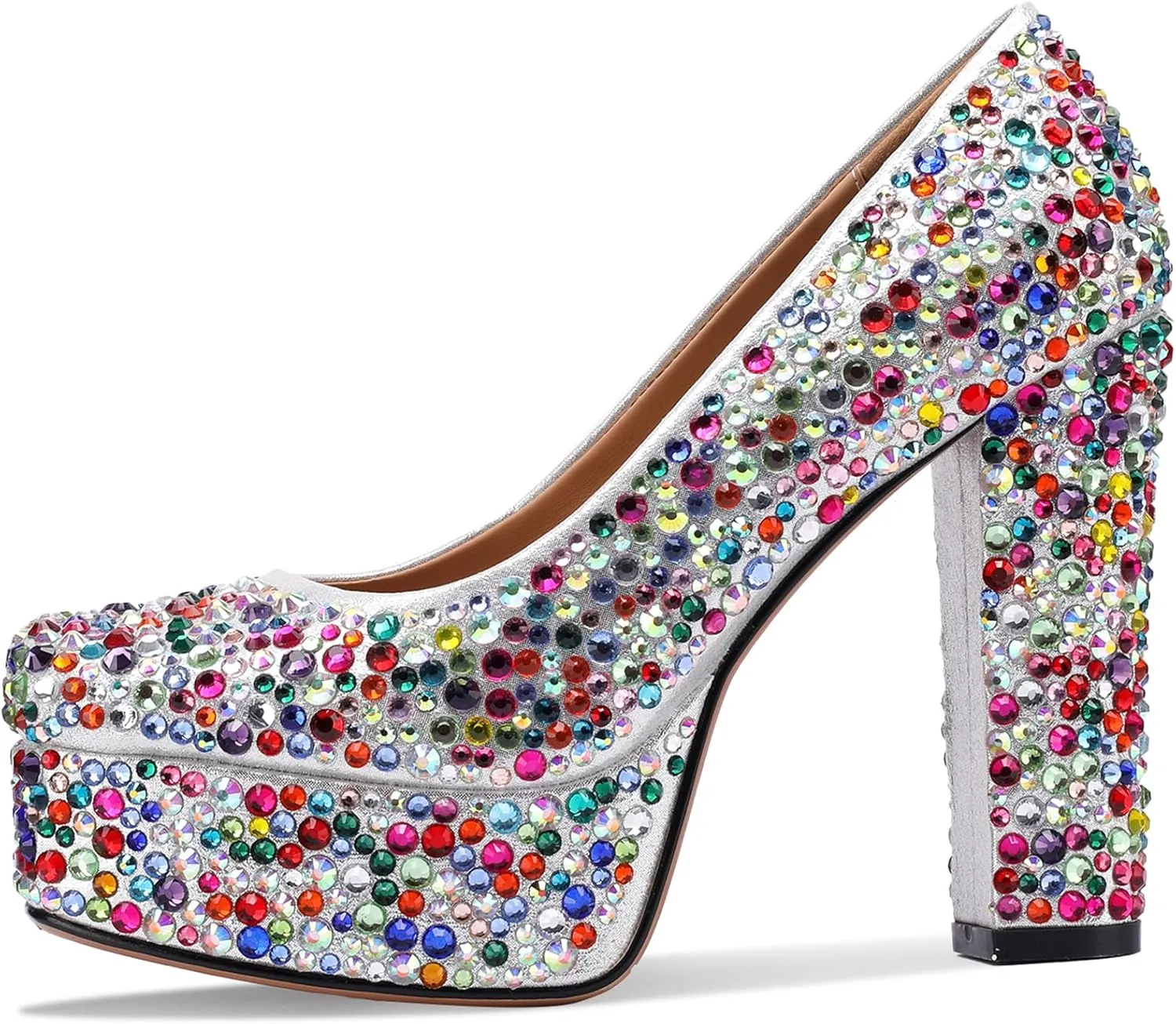 Platform Heels for Women Glitter Crystal Rhinestone Square Toe Closed Toe Chunky Pumps Comfortable Sexy Dressy Wedding Elegantes Wide Comfortable Tacones 5 Inch High Heels