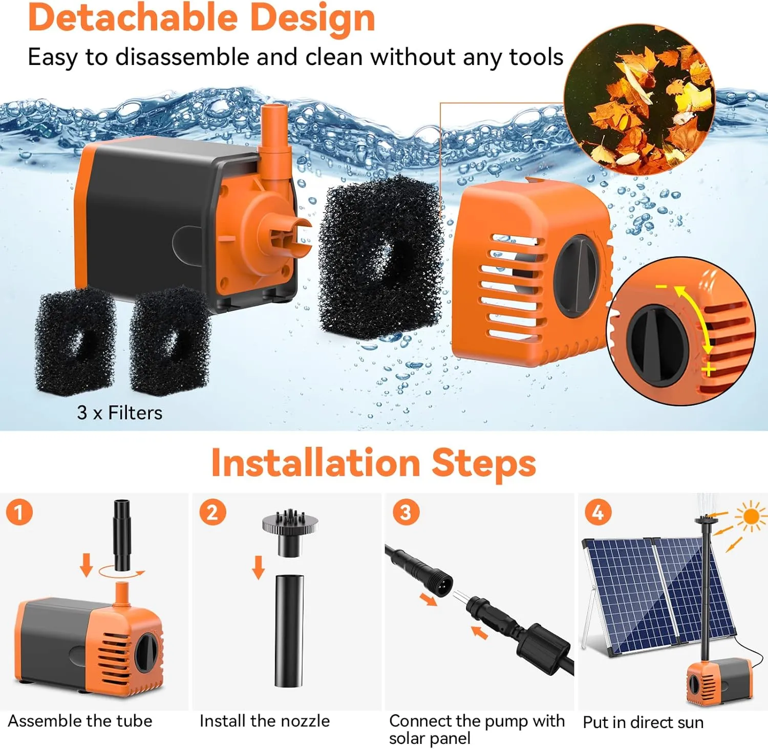 POPOSOAP Solar Fountain Pump Outdoor, 35W Solar Powered Water Pond Pump with 480GPH Adjustable Flow Rate for Garden Pond Fish Waterfall Hydroponics Pool
