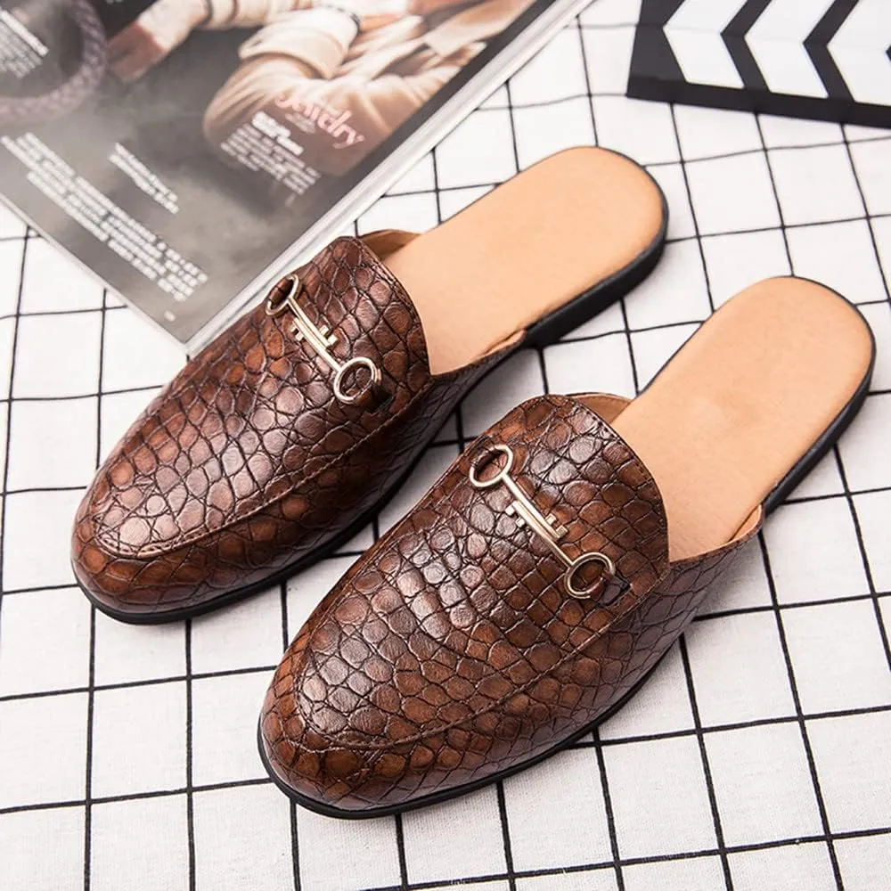 QMFUR Men's Open Back Slippers Faux Crocodile Leather Scuff Slides Closed Toe Flat Slip-On Leather Slides