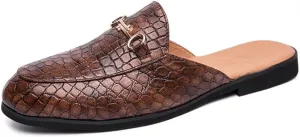 QMFUR Men's Open Back Slippers Faux Crocodile Leather Scuff Slides Closed Toe Flat Slip-On Leather Slides