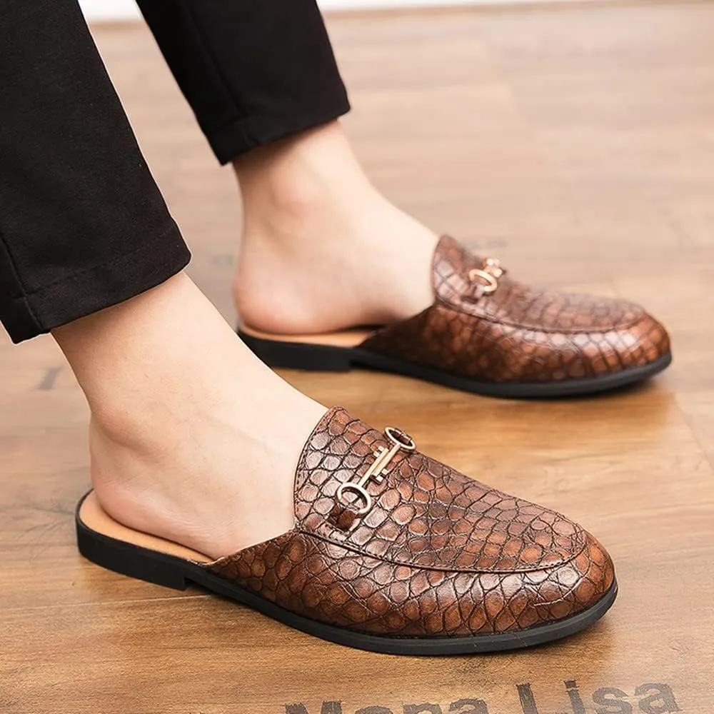 QMFUR Men's Open Back Slippers Faux Crocodile Leather Scuff Slides Closed Toe Flat Slip-On Leather Slides