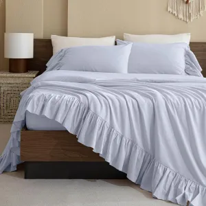 QSH 100% Cotton Ruffled Sheets Queen, Light Blue Colored French Country Ruffle Sheet Set 4Pcs Extra Soft Breathable Shabby Vintage Chic Sheets French Country Bedding for All Season