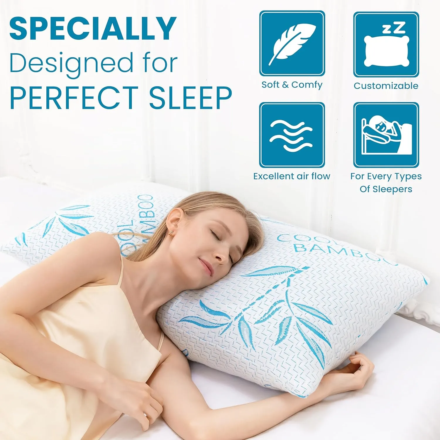 Queen Size 2 Pack Rayon Made from Bamboo Pillows for Sleeping, Cooling Shredded Memory Foam Adjustable Bed Pillow with, Removable/Washable Cover (Queen 2 Pack)