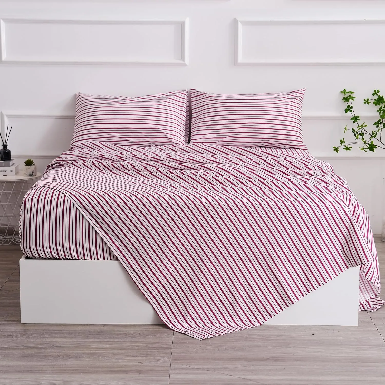 Red Striped Sheets Set Full Size 4 Piece - Super Soft, Easy Care & Breathable Red and White Pinstripe Bed Sheet Set with 16-Inch Deep Pockets, Great Gift for Christmas & Birthday