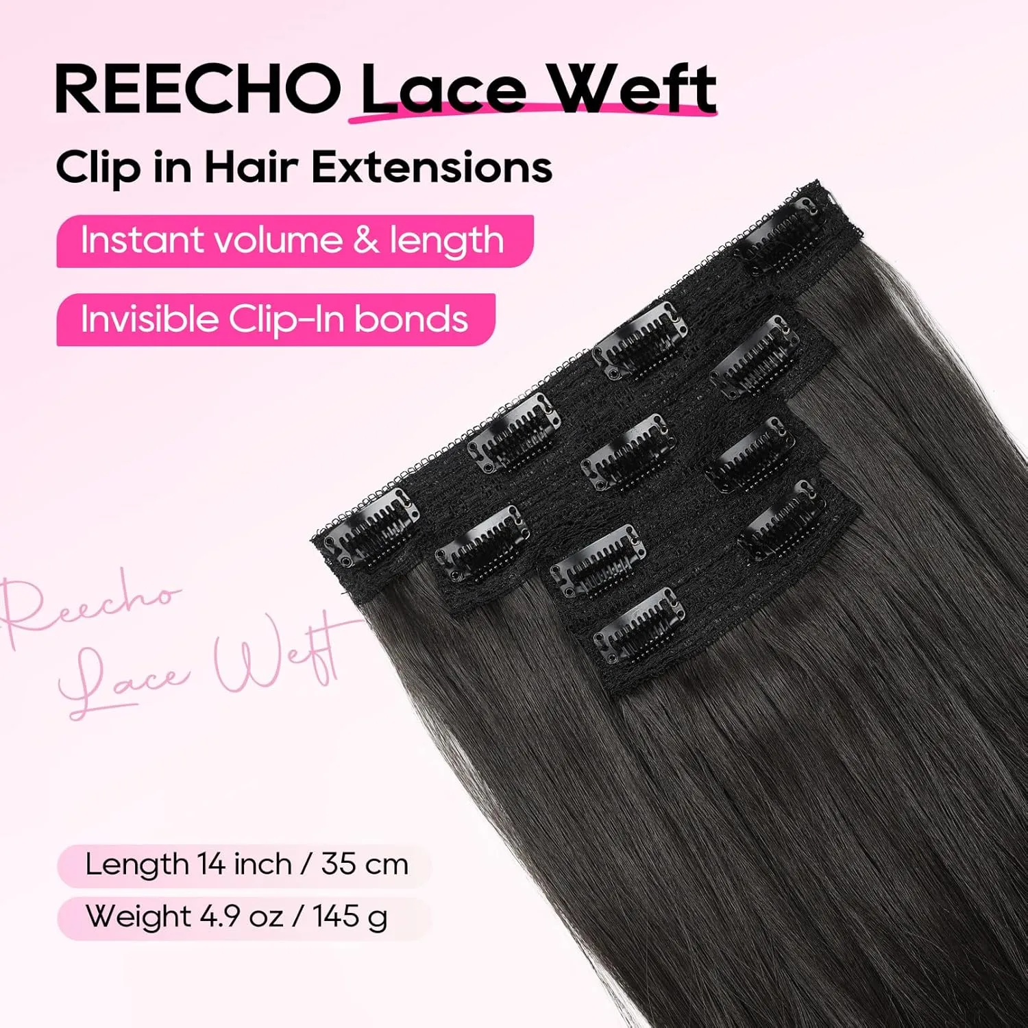 REECHO Clip-in Hair Extensions, 4PCS Lace Weft, 14" Short Wavy, Invisible, Natural Soft Hairpieces for Women, Dark Brown