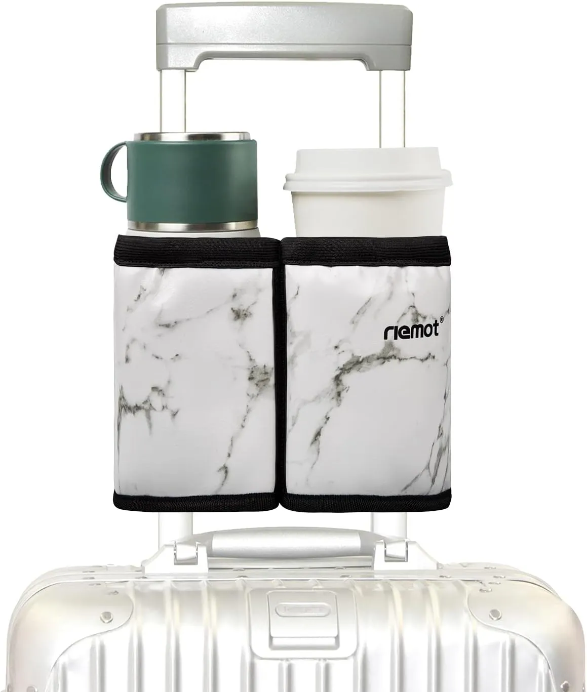 riemot Luggage Travel Cup Holder Free Hand Drink Carrier - Hold Two Coffee Mugs - Fits Roll on Suitcase Handles - Gifts for Flight Attendants Travelers Accessories Leather Marble