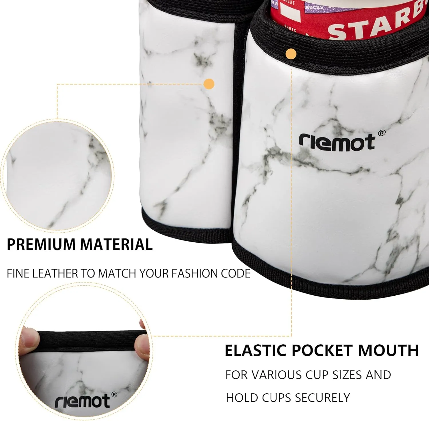 riemot Luggage Travel Cup Holder Free Hand Drink Carrier - Hold Two Coffee Mugs - Fits Roll on Suitcase Handles - Gifts for Flight Attendants Travelers Accessories Leather Marble