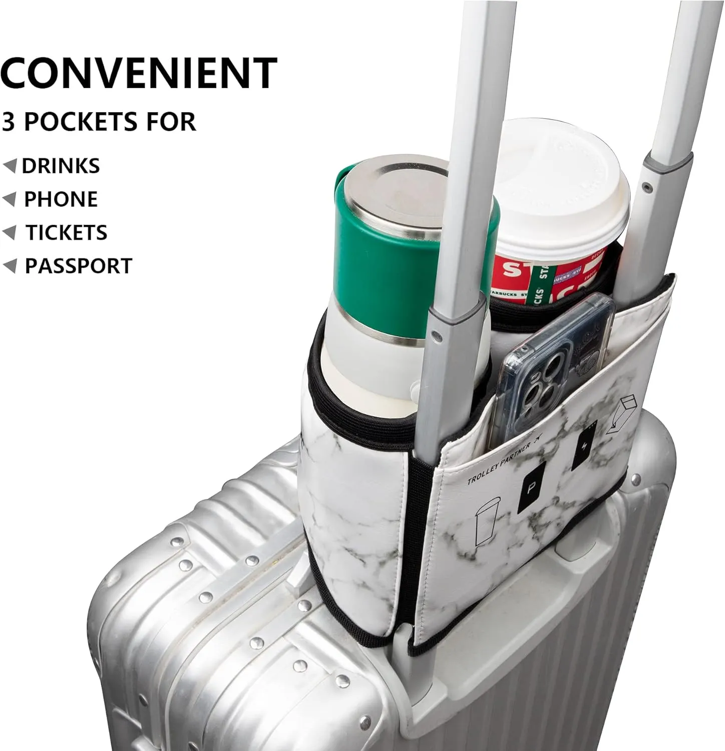 riemot Luggage Travel Cup Holder Free Hand Drink Carrier - Hold Two Coffee Mugs - Fits Roll on Suitcase Handles - Gifts for Flight Attendants Travelers Accessories Leather Marble