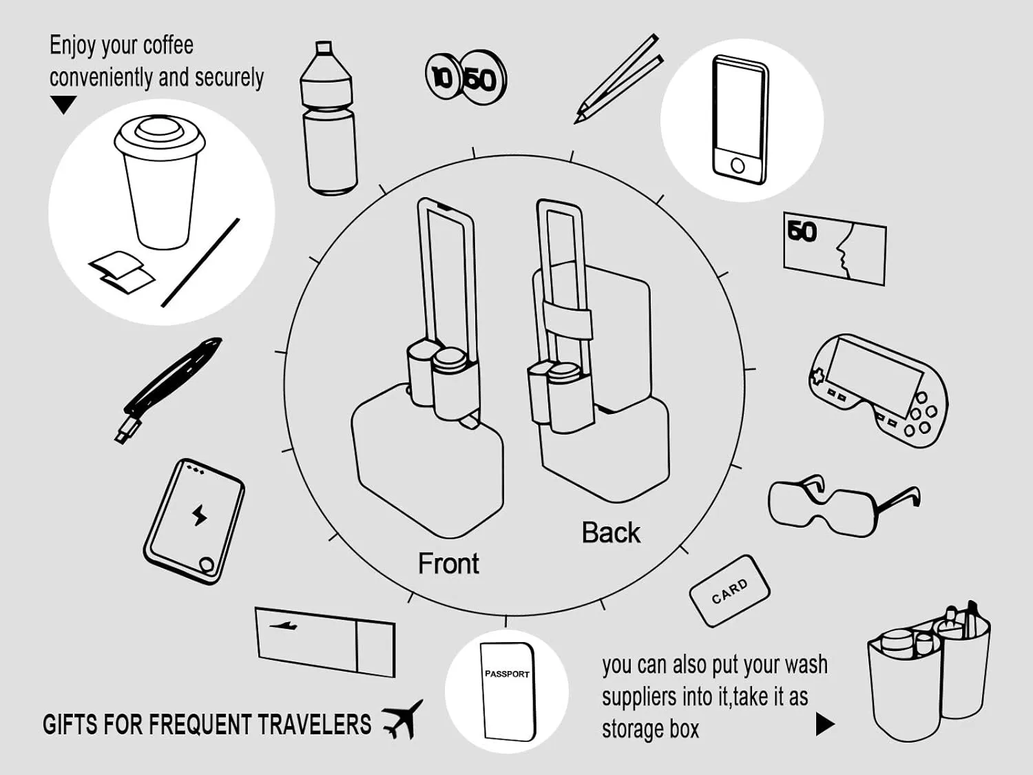 riemot Luggage Travel Cup Holder Free Hand Drink Carrier - Hold Two Coffee Mugs - Fits Roll on Suitcase Handles - Gifts for Flight Attendants Travelers Accessories Leather Marble