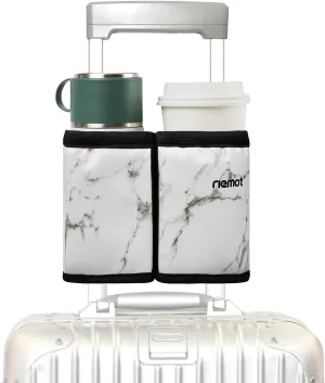 riemot Luggage Travel Cup Holder Free Hand Drink Carrier - Hold Two Coffee Mugs - Fits Roll on Suitcase Handles - Gifts for Flight Attendants Travelers Accessories Leather Marble