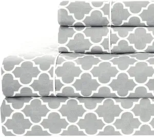 Royal Tradition Meridian 250-Thread-Count, 100-Percent Cotton Percale Full 4PC Bed Sheets Set, Grey/White