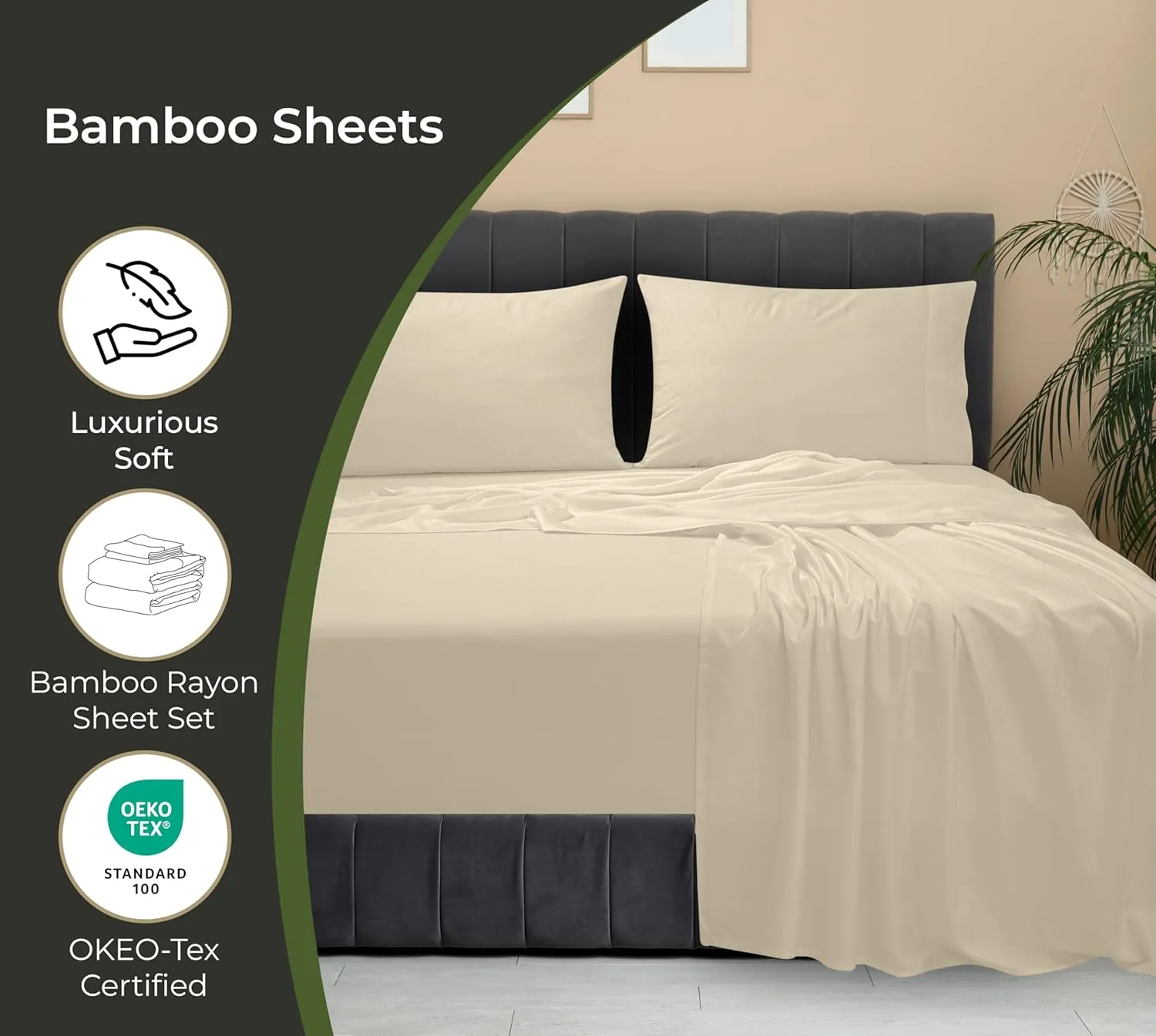 ROYALE LINENS Bamboo Viscose King Sheet Set - Cooling Bed Sheet Set - 1 Fitted, 1 Flat & 2 Pillowcase - Fits Up to 16" - Organic Viscose Derived from Bamboo - Bedding Sheet & Pillowcase (King, Sand)