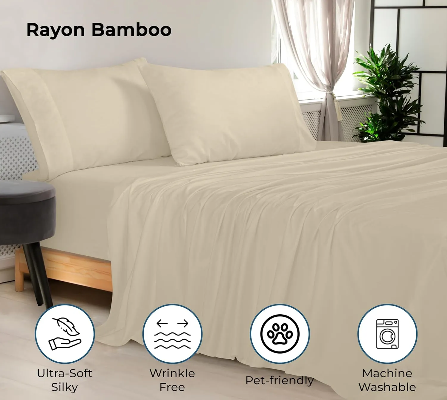 ROYALE LINENS Bamboo Viscose King Sheet Set - Cooling Bed Sheet Set - 1 Fitted, 1 Flat & 2 Pillowcase - Fits Up to 16" - Organic Viscose Derived from Bamboo - Bedding Sheet & Pillowcase (King, Sand)