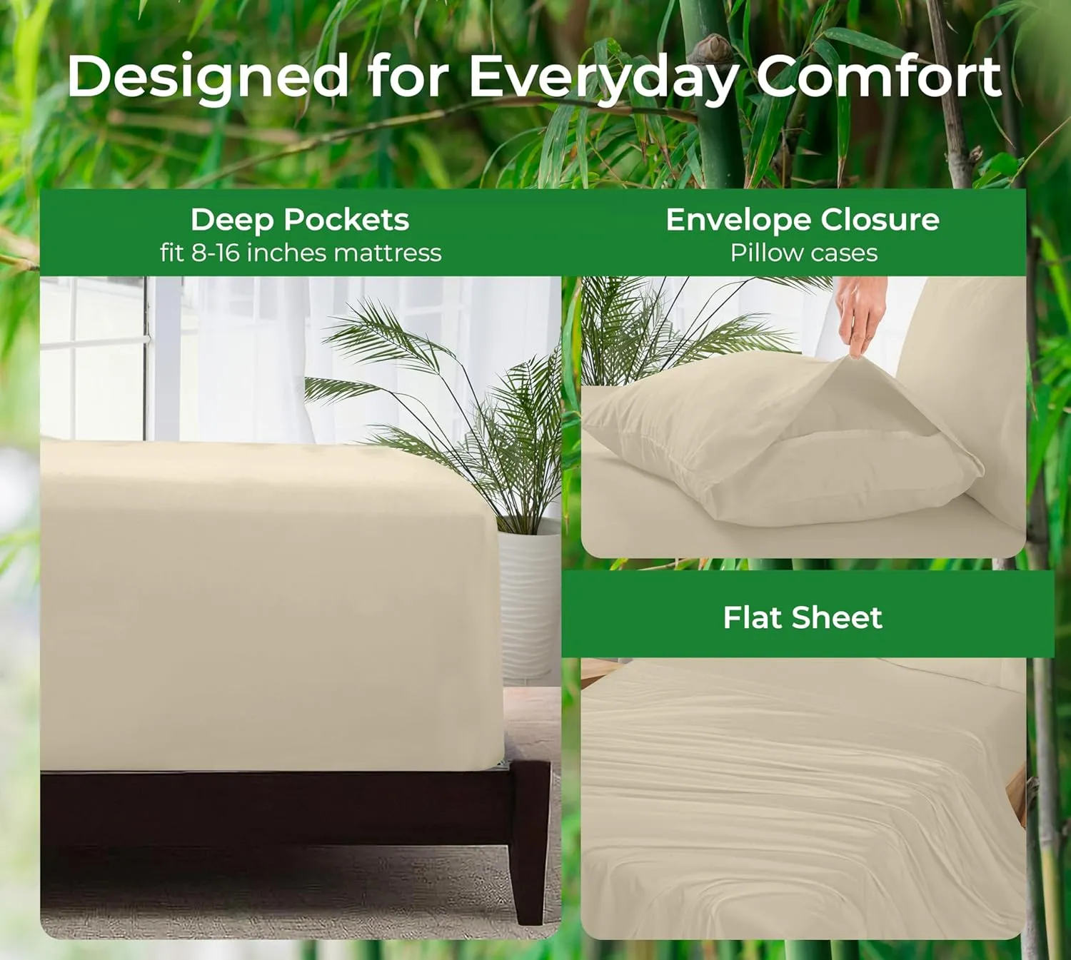 ROYALE LINENS Bamboo Viscose King Sheet Set - Cooling Bed Sheet Set - 1 Fitted, 1 Flat & 2 Pillowcase - Fits Up to 16" - Organic Viscose Derived from Bamboo - Bedding Sheet & Pillowcase (King, Sand)