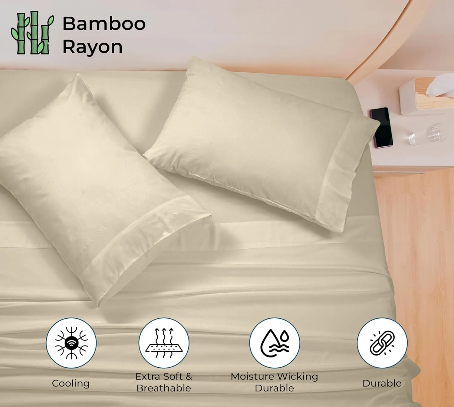ROYALE LINENS Bamboo Viscose King Sheet Set - Cooling Bed Sheet Set - 1 Fitted, 1 Flat & 2 Pillowcase - Fits Up to 16" - Organic Viscose Derived from Bamboo - Bedding Sheet & Pillowcase (King, Sand)
