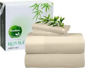 ROYALE LINENS Bamboo Viscose King Sheet Set - Cooling Bed Sheet Set - 1 Fitted, 1 Flat & 2 Pillowcase - Fits Up to 16" - Organic Viscose Derived from Bamboo - Bedding Sheet & Pillowcase (King, Sand)