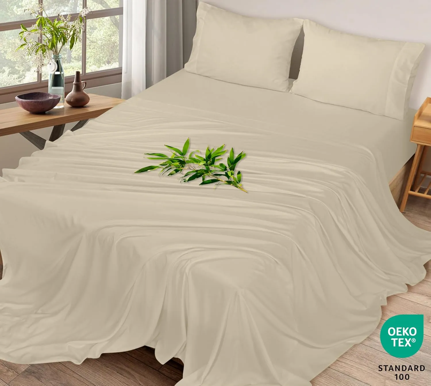 ROYALE LINENS Bamboo Viscose King Sheet Set - Cooling Bed Sheet Set - 1 Fitted, 1 Flat & 2 Pillowcase - Fits Up to 16" - Organic Viscose Derived from Bamboo - Bedding Sheet & Pillowcase (King, Sand)