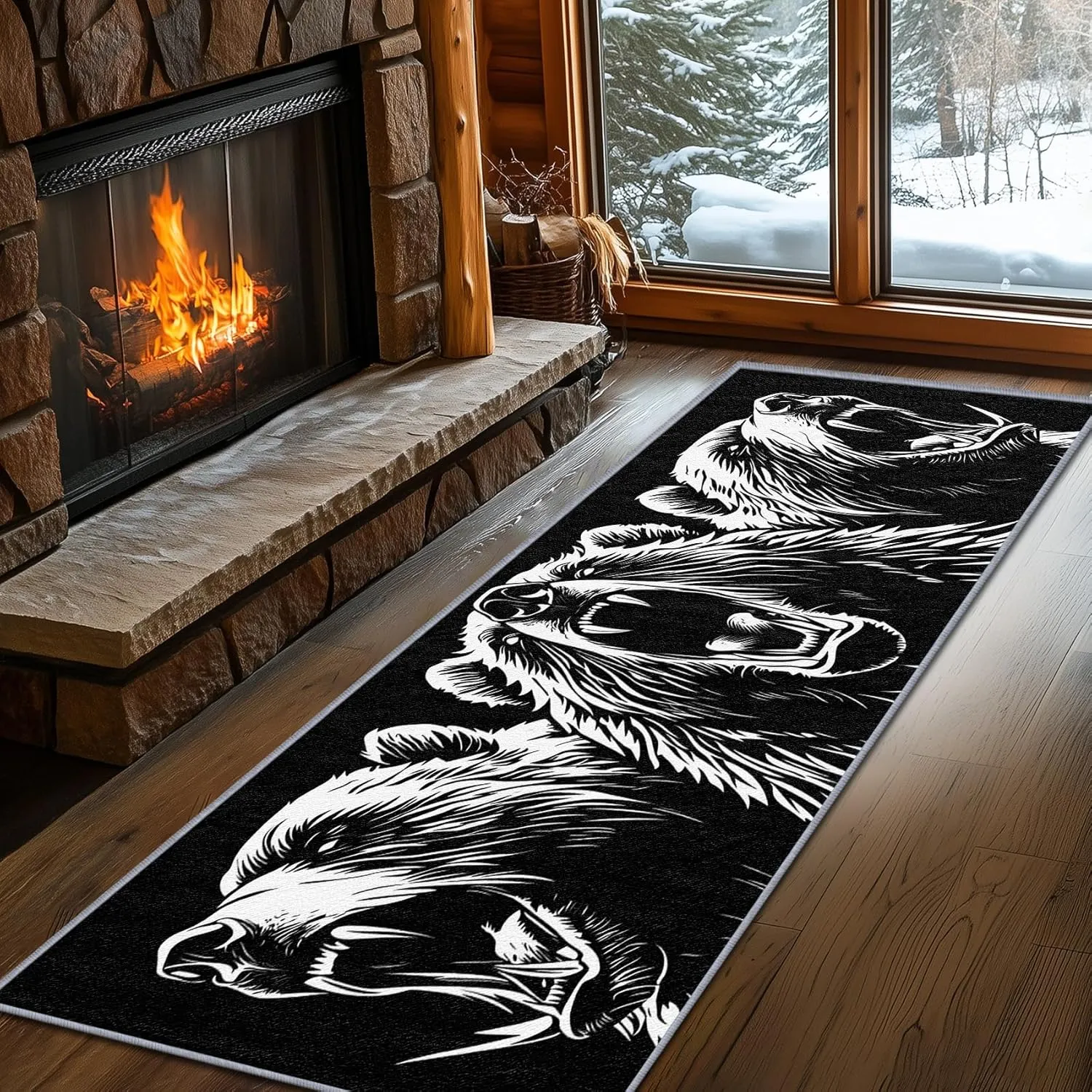Rustic Cabin Lodge Bear Rug Runner, Bear Runner Rug, 2x6ft, Black and White Grizzly Bear Runners for Hallways, Man Cave Cabin Animal Runner Rug Non Slip Soft - Bear Home Decor