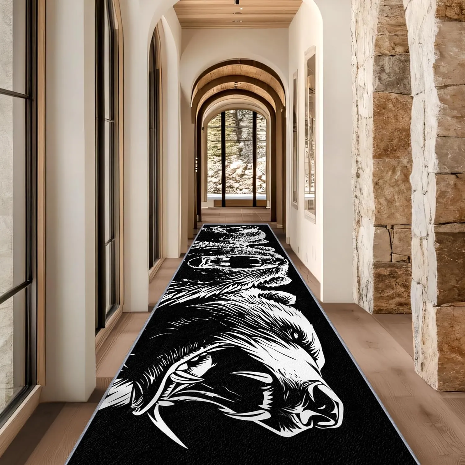 Rustic Cabin Lodge Bear Rug Runner, Bear Runner Rug, 2x6ft, Black and White Grizzly Bear Runners for Hallways, Man Cave Cabin Animal Runner Rug Non Slip Soft - Bear Home Decor