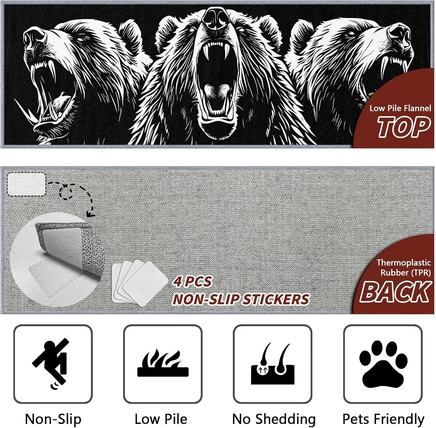 Rustic Cabin Lodge Bear Rug Runner, Bear Runner Rug, 2x6ft, Black and White Grizzly Bear Runners for Hallways, Man Cave Cabin Animal Runner Rug Non Slip Soft - Bear Home Decor