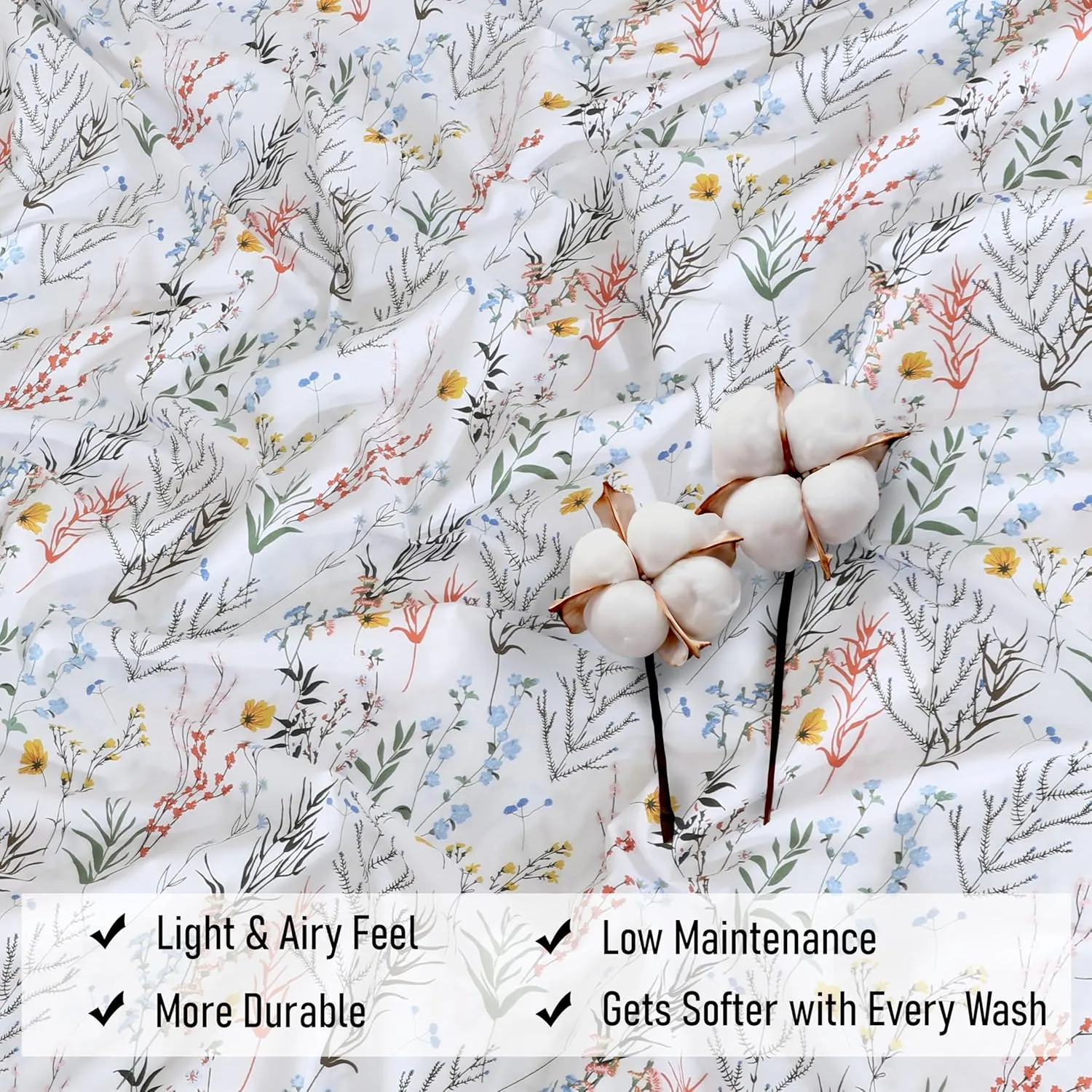 RUVANTI 100% Cotton King Size Sheets Set, 4 Pieces, Soft & Breathable Percale Weave Bedding, Deep Pocket 16", Hotel Standard, Crisp Cool Feel, Durable, Perfect Floral Bed Sheet, Aroma