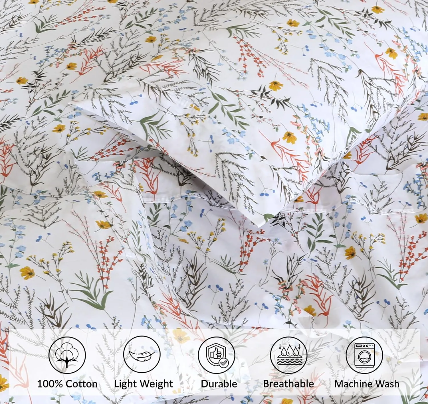 RUVANTI 100% Cotton King Size Sheets Set, 4 Pieces, Soft & Breathable Percale Weave Bedding, Deep Pocket 16", Hotel Standard, Crisp Cool Feel, Durable, Perfect Floral Bed Sheet, Aroma