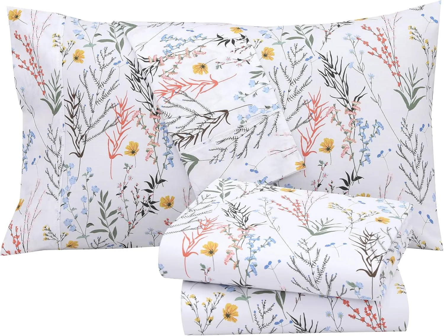 RUVANTI 100% Cotton King Size Sheets Set, 4 Pieces, Soft & Breathable Percale Weave Bedding, Deep Pocket 16", Hotel Standard, Crisp Cool Feel, Durable, Perfect Floral Bed Sheet, Aroma