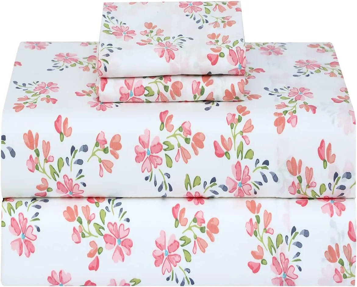 RUVANTI 100% Cotton Sheets Queen Size Set, 4 Pieces, Soft & Breathable Percale Weave Bedding, Deep Pocket 16", Hotel Standard, Crisp Cool Feeling, Durable, Perfect Floral Bed Sheet, Bloomex