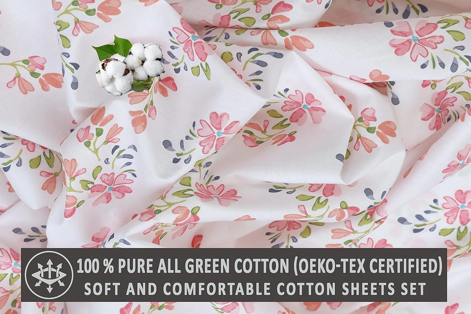 RUVANTI 100% Cotton Sheets Queen Size Set, 4 Pieces, Soft & Breathable Percale Weave Bedding, Deep Pocket 16", Hotel Standard, Crisp Cool Feeling, Durable, Perfect Floral Bed Sheet, Bloomex