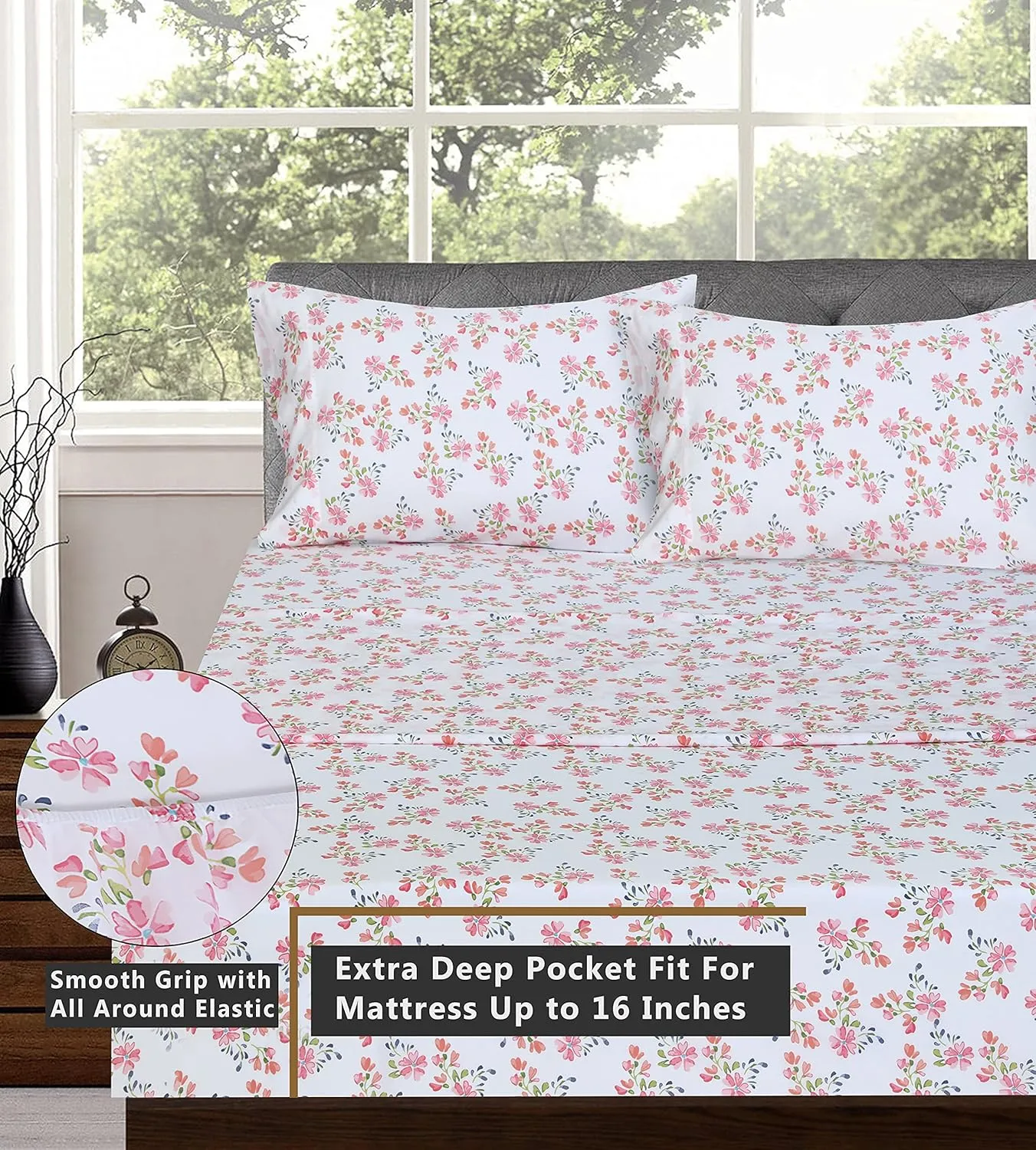RUVANTI 100% Cotton Sheets Queen Size Set, 4 Pieces, Soft & Breathable Percale Weave Bedding, Deep Pocket 16", Hotel Standard, Crisp Cool Feeling, Durable, Perfect Floral Bed Sheet, Bloomex