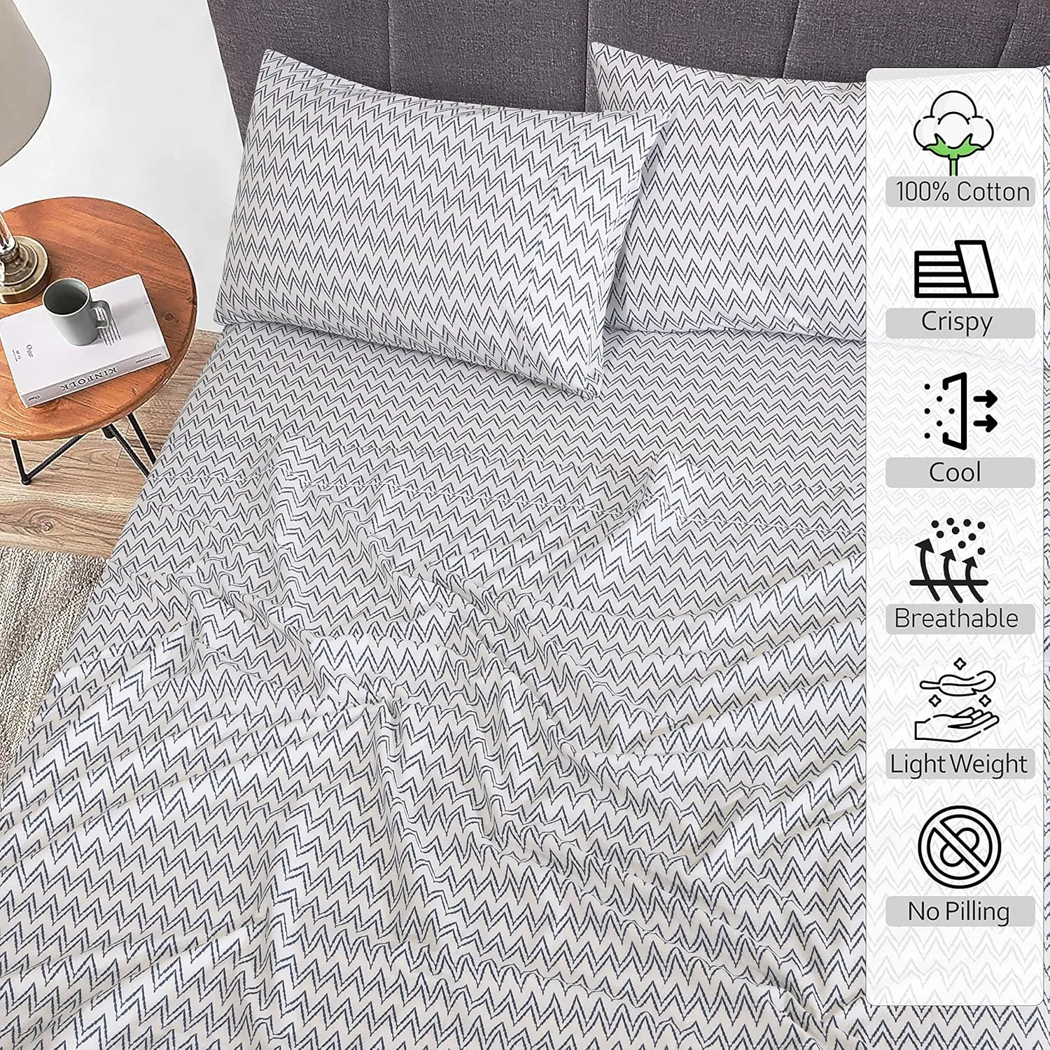 RUVANTI 100% Cotton Sheets Queen Size Set, 4 Pieces, Soft & Breathable Percale Weave Bedding, Deep Pocket 16", Hotel Standard, Crisp Cool Feeling, Durable, Perfect Floral Bed Sheet, Chevron