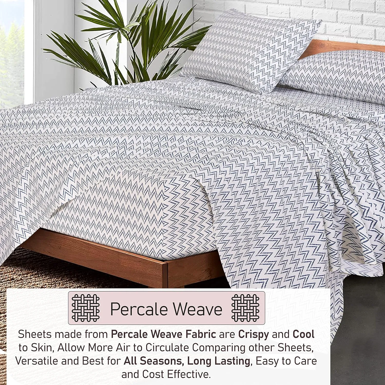 RUVANTI 100% Cotton Sheets Queen Size Set, 4 Pieces, Soft & Breathable Percale Weave Bedding, Deep Pocket 16", Hotel Standard, Crisp Cool Feeling, Durable, Perfect Floral Bed Sheet, Chevron