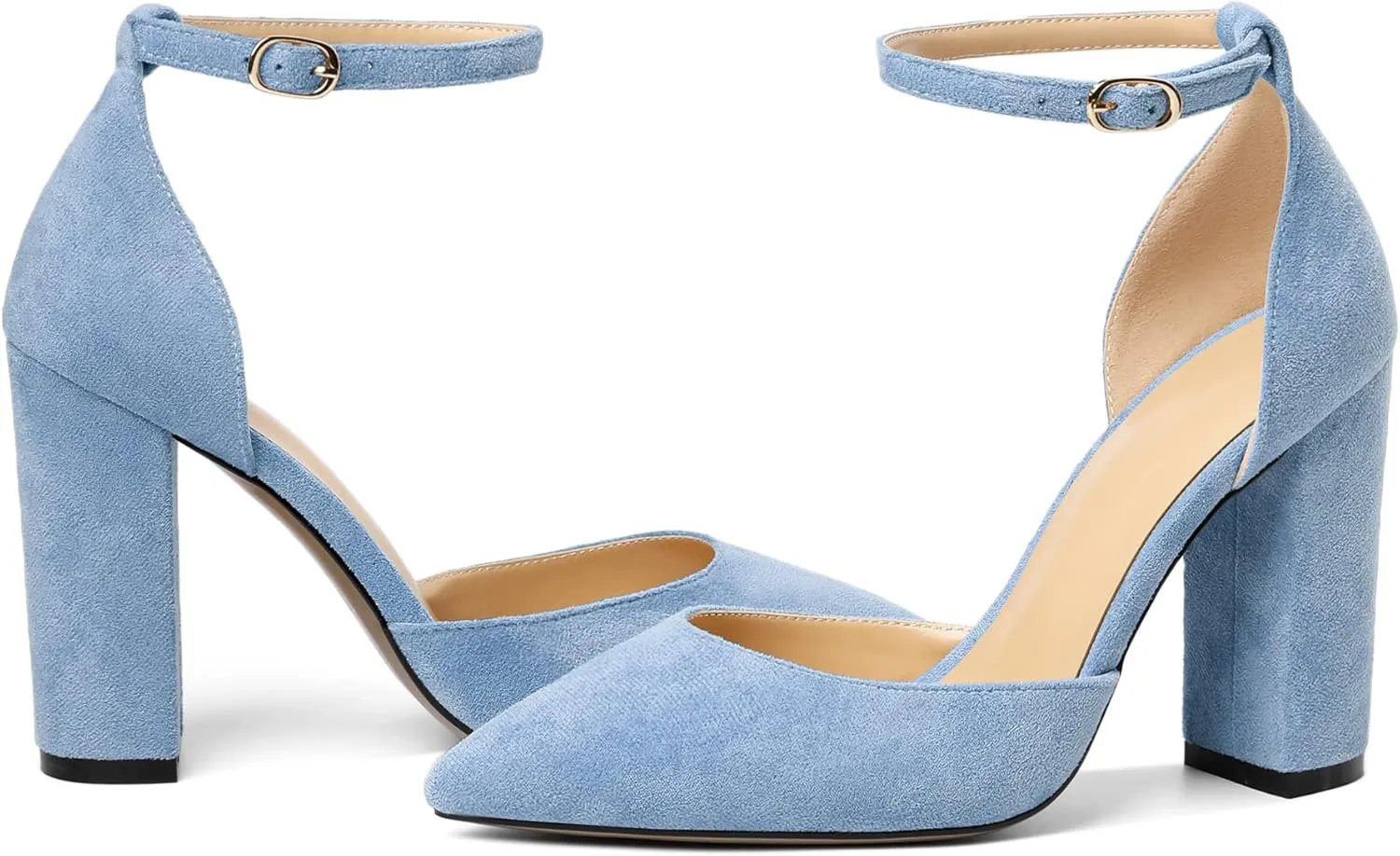 SAMMITOP Women's Chunky Block High Heels Strappy Closed Toe Ankle Strap Classic Pointed Toe D'Orsay Heel Dress Wedding Party Suede Heels Pumps Shoes